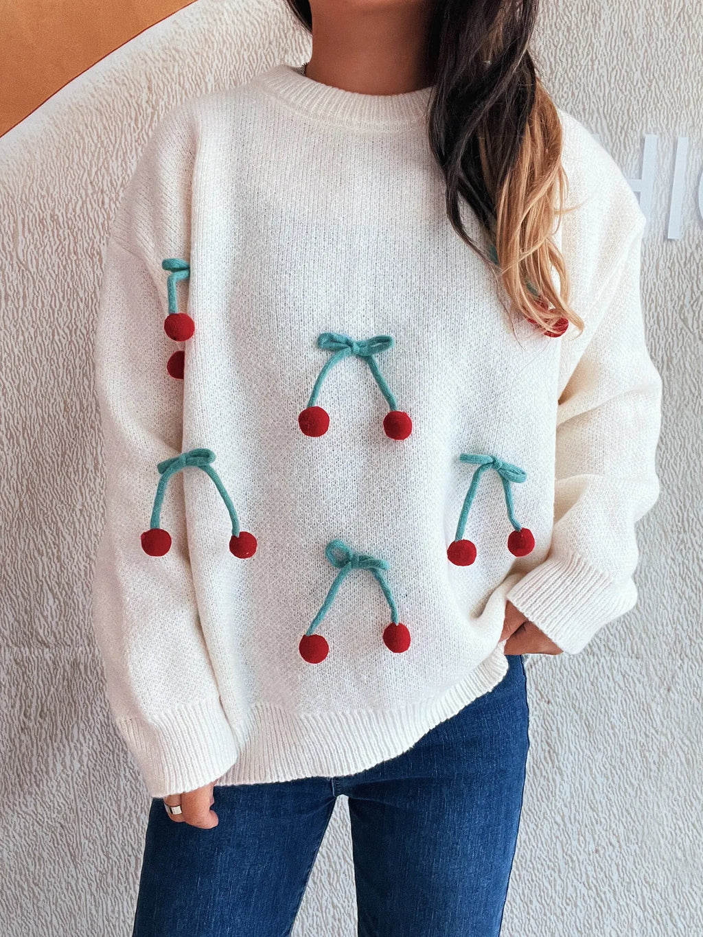 Cherry Round Neck Long Sleeve Sweater