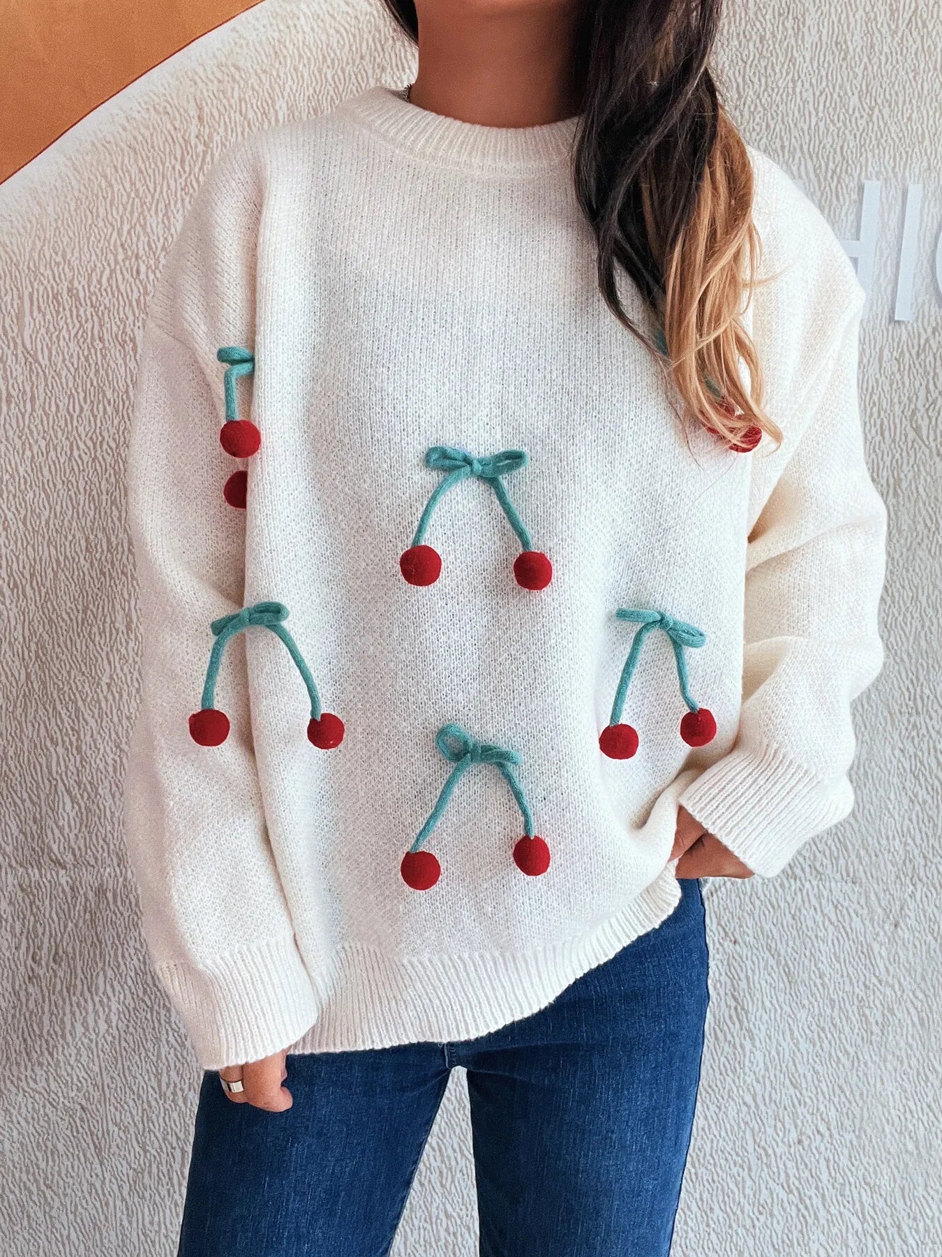 Cherry Round Neck Long Sleeve Sweater