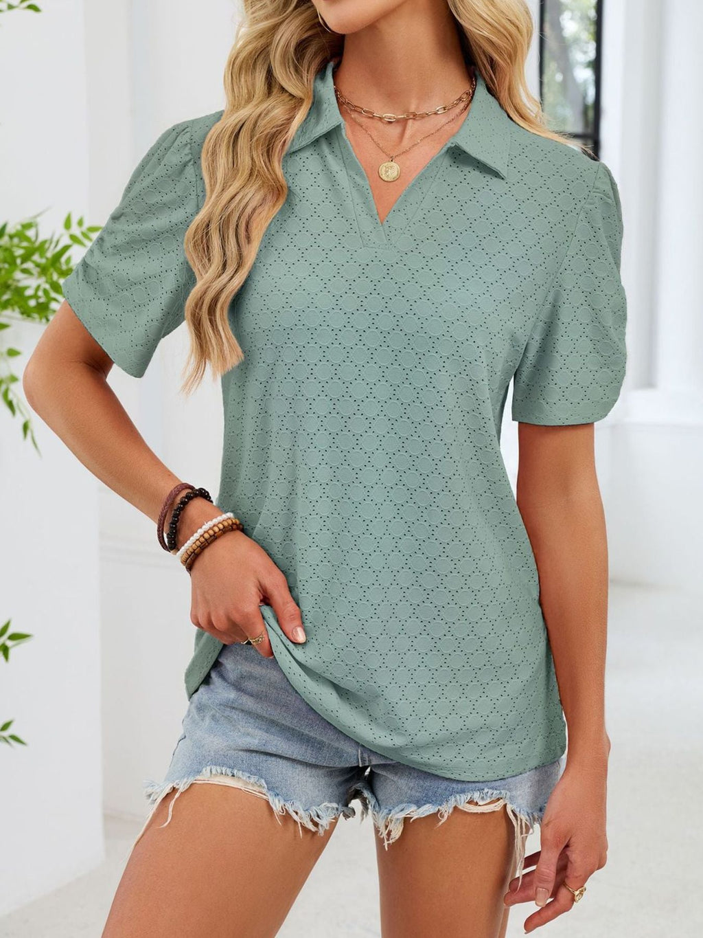 Eyelet Short Sleeve Blouse