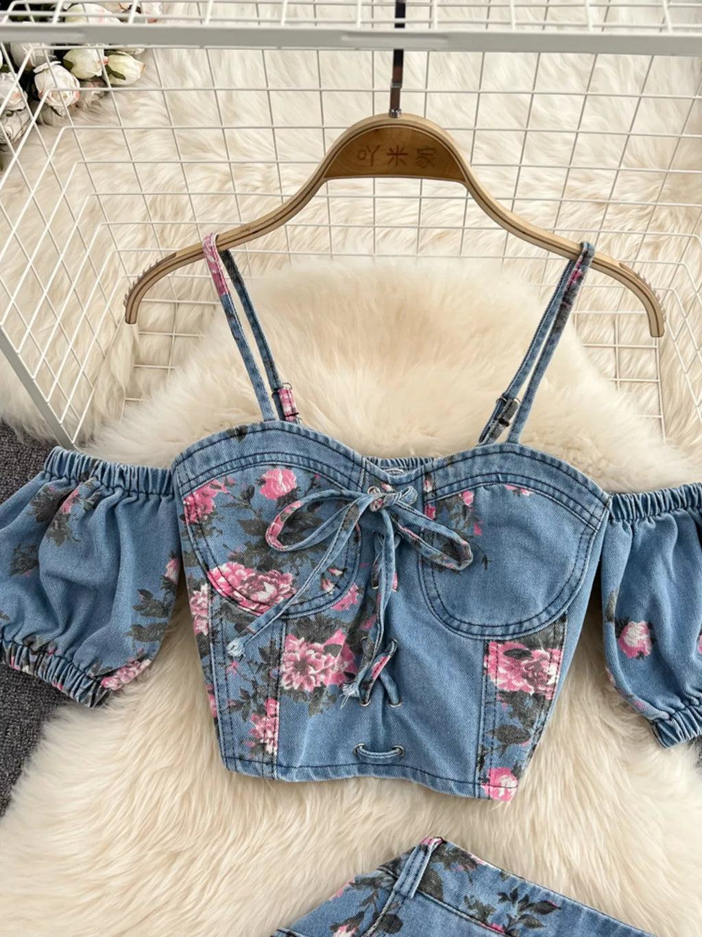 Floral Print Sweetheart Neck Cami and Skirt Denim Set