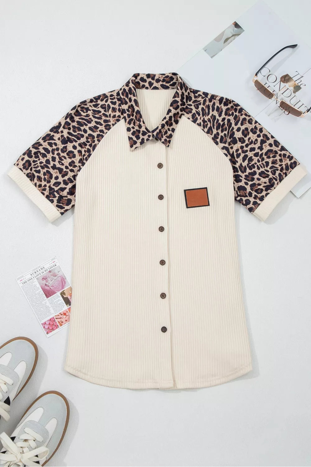 Ribbed Texture Button Down Leopard Patchwork Short Sleeve Shirt