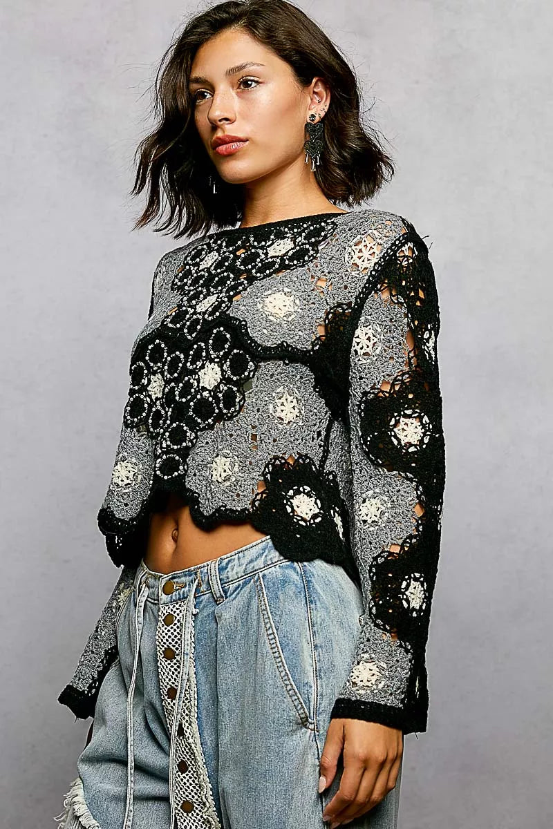POL Floral Weave Pattern Crochet Cropped Top with Beads Detail