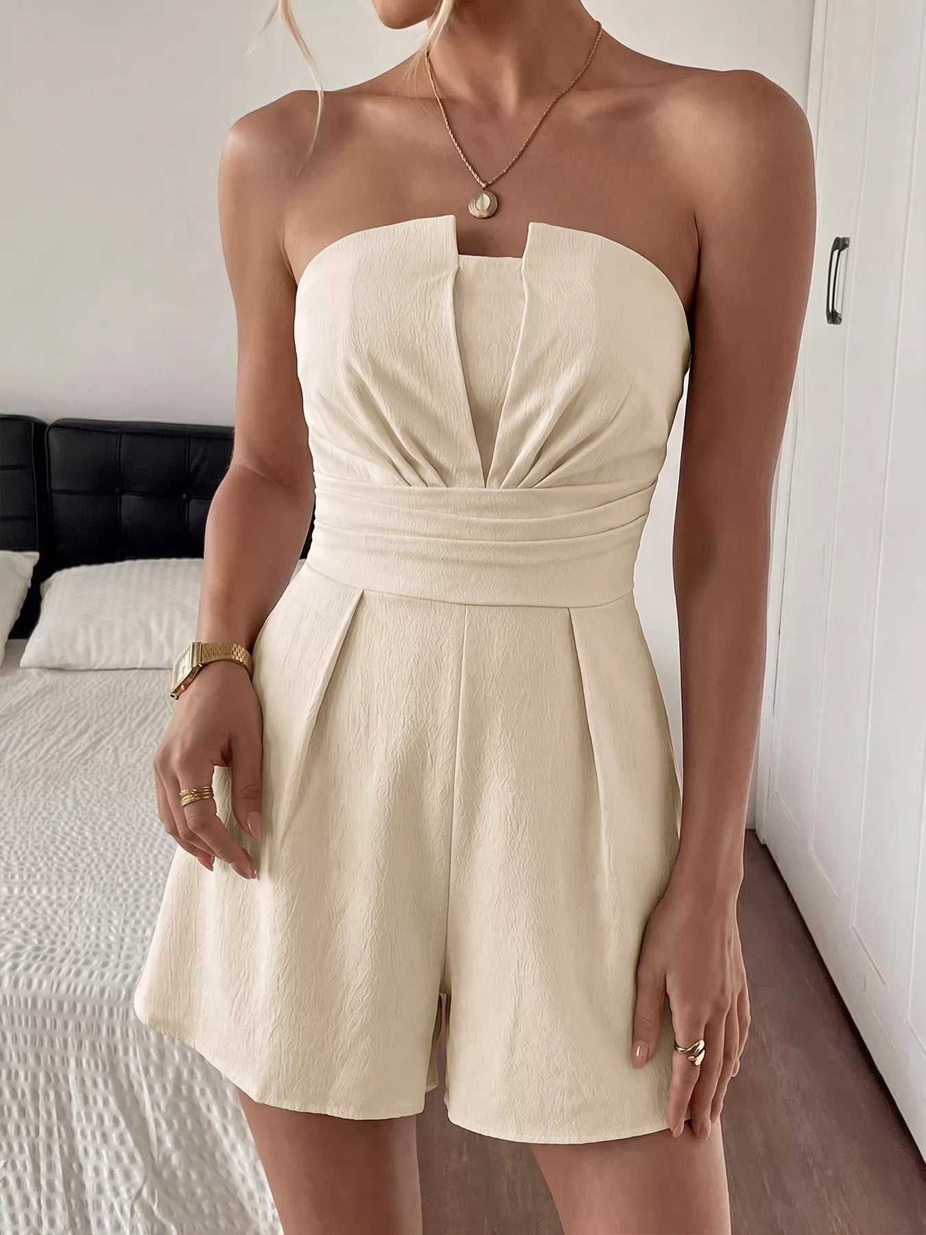 Strapless Pleated Detail Romper