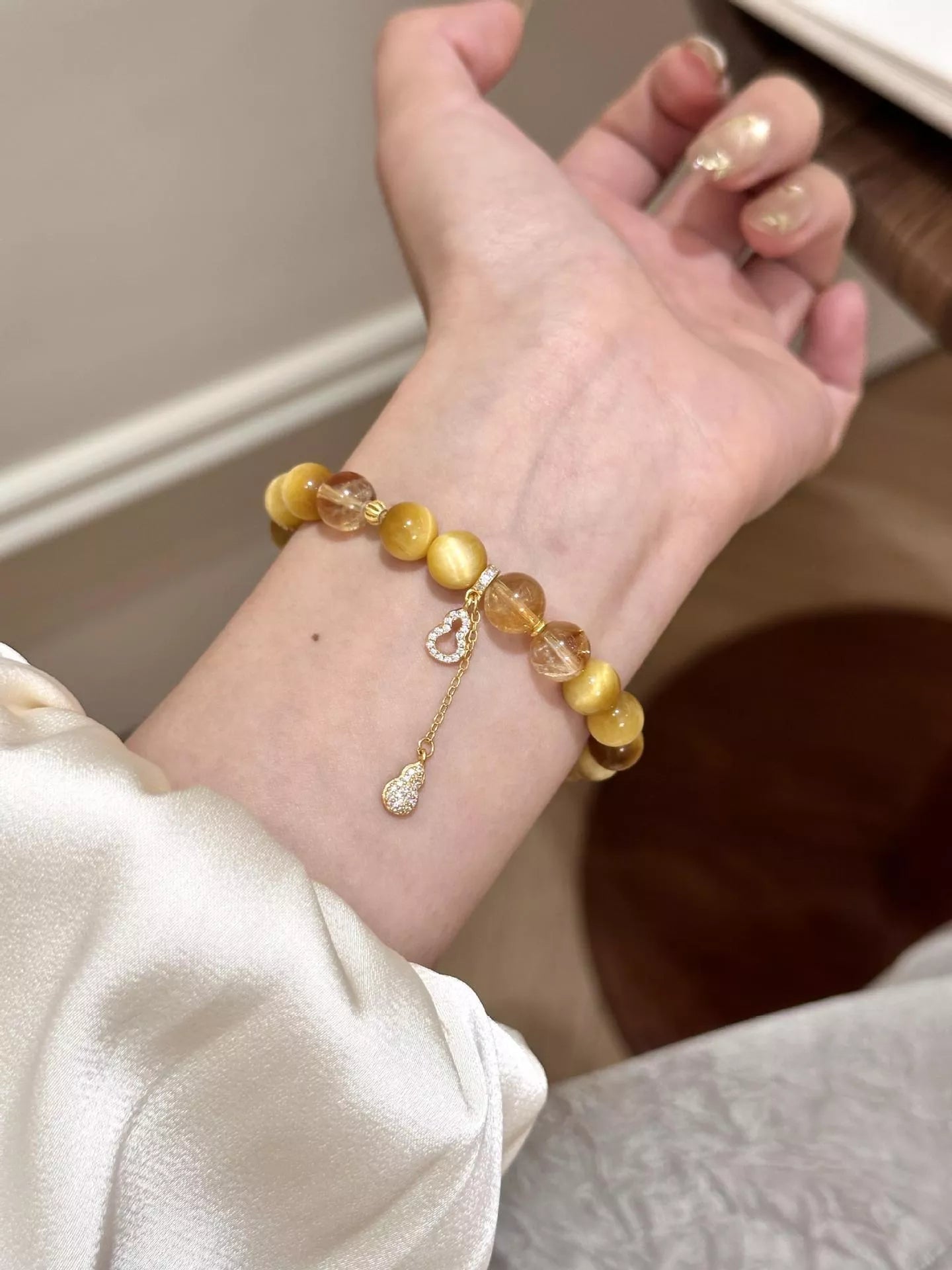 Tiger Eye Beaded Bracelet with Gourd Charm