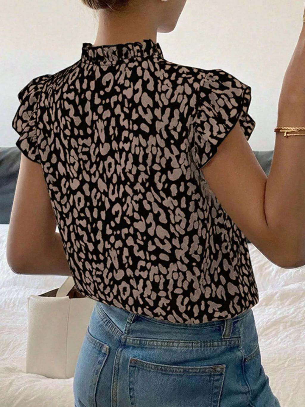 Leopard Print Ruffle Sleeve Blouse