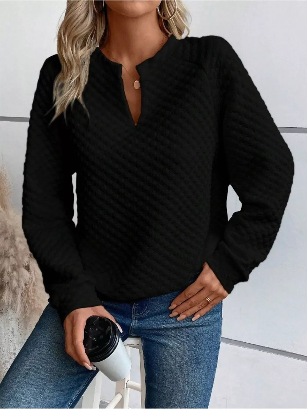 Textured Notched Raglan Sleeve Sweatshirt