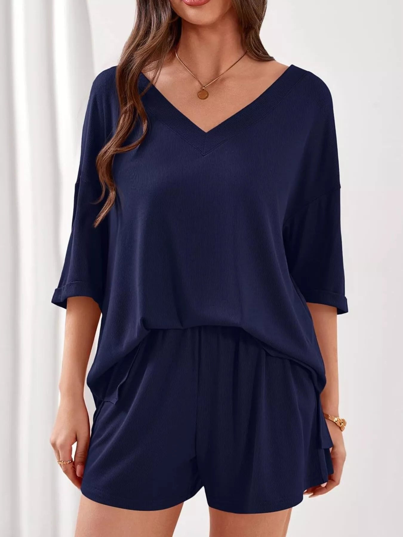 Casual Solid Color V-Neck Top & Shorts Set