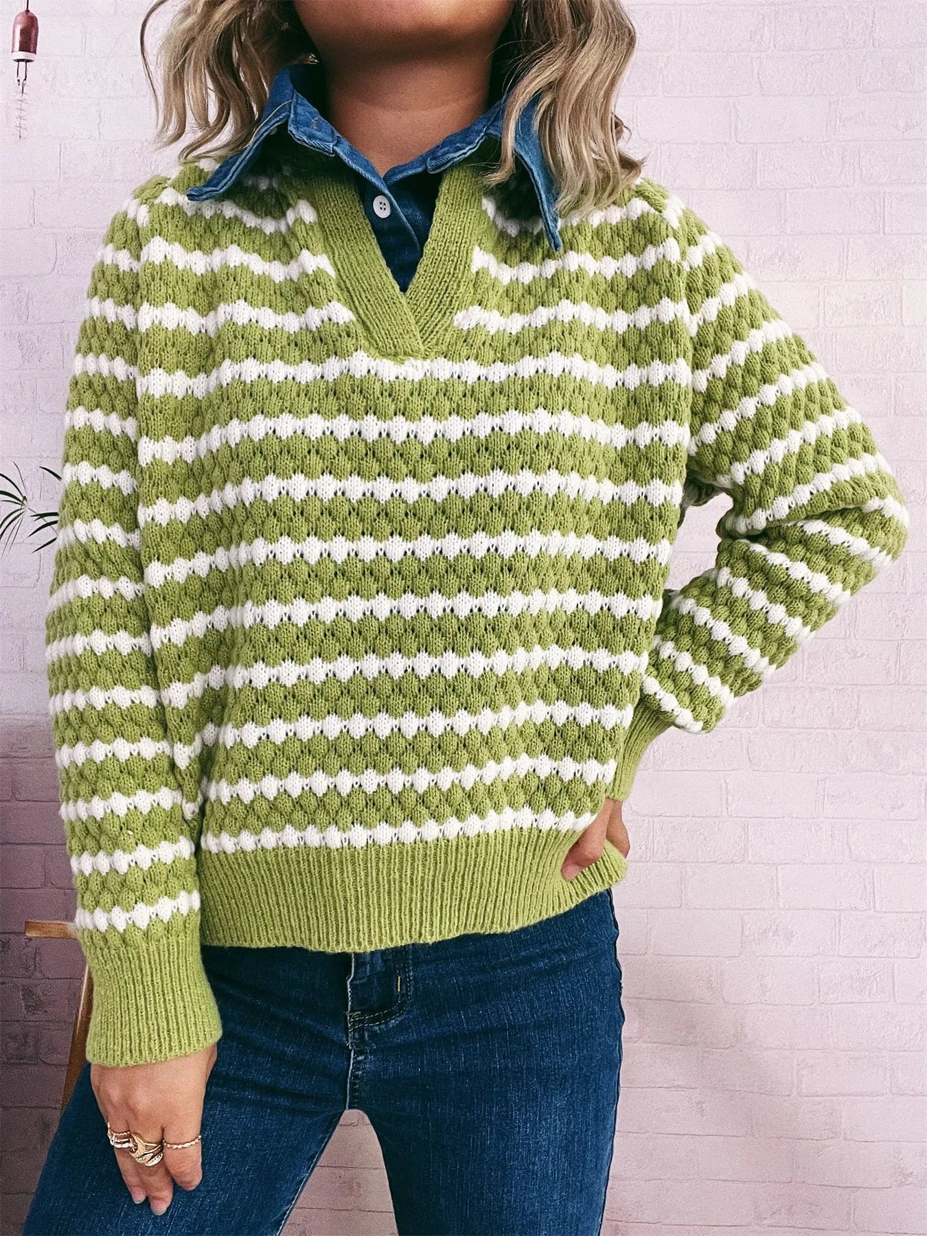 Contrast Striped Sweater with Denim Collar
