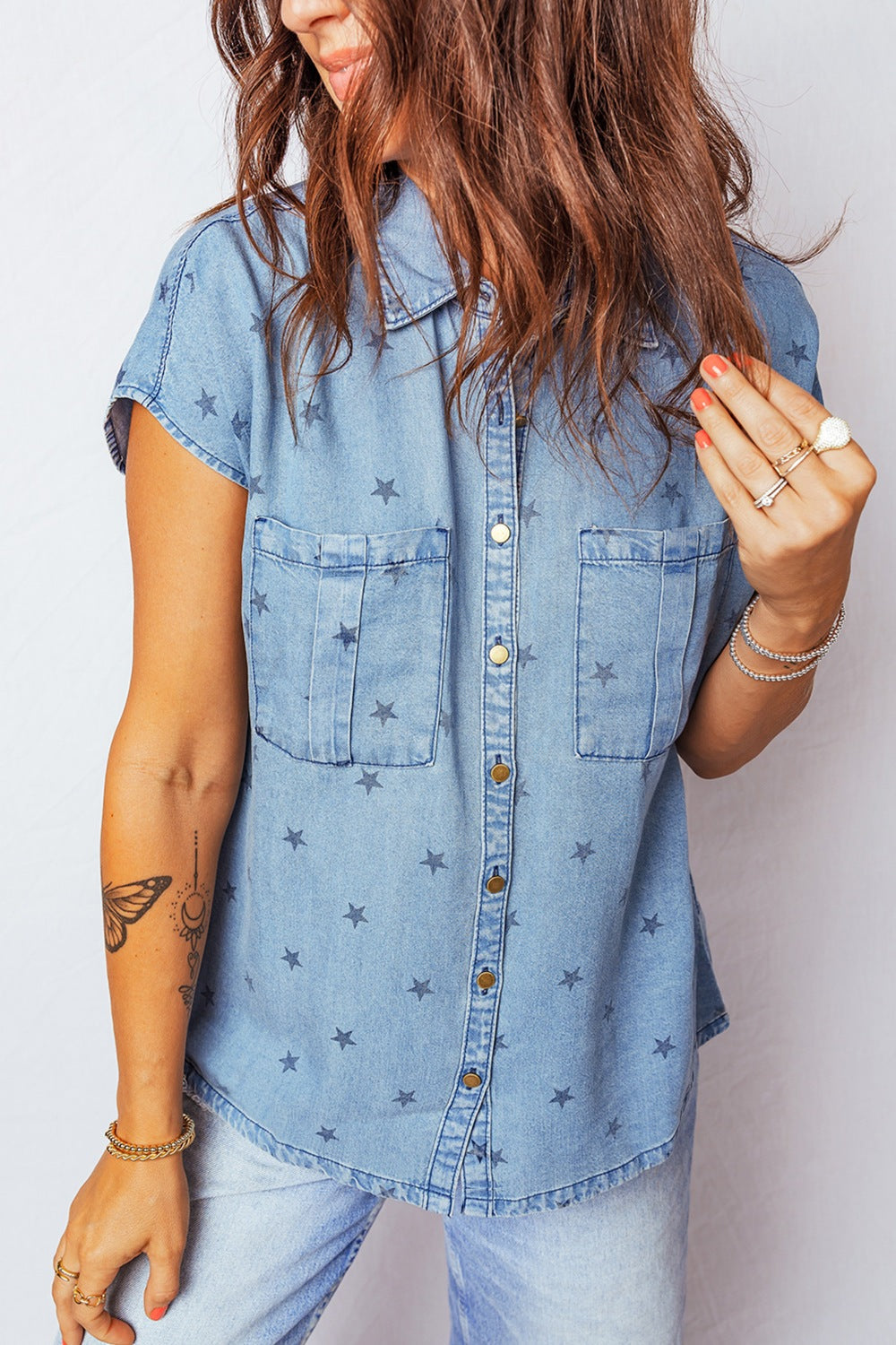 Double Chest Pocket Short Sleeve Denim Shirt