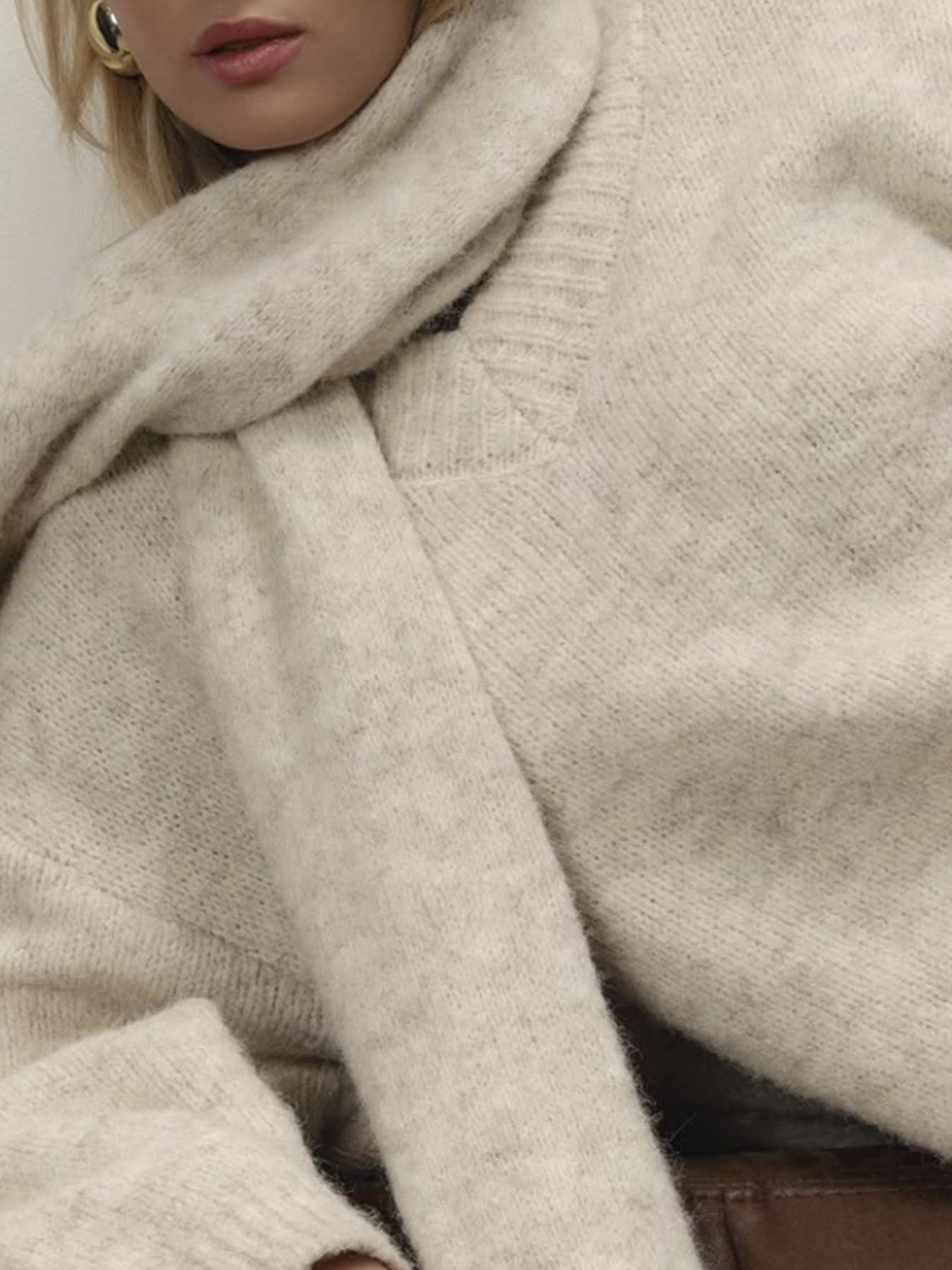 Oversized V-Neck Dropped Shoulder Sweater with Scarf