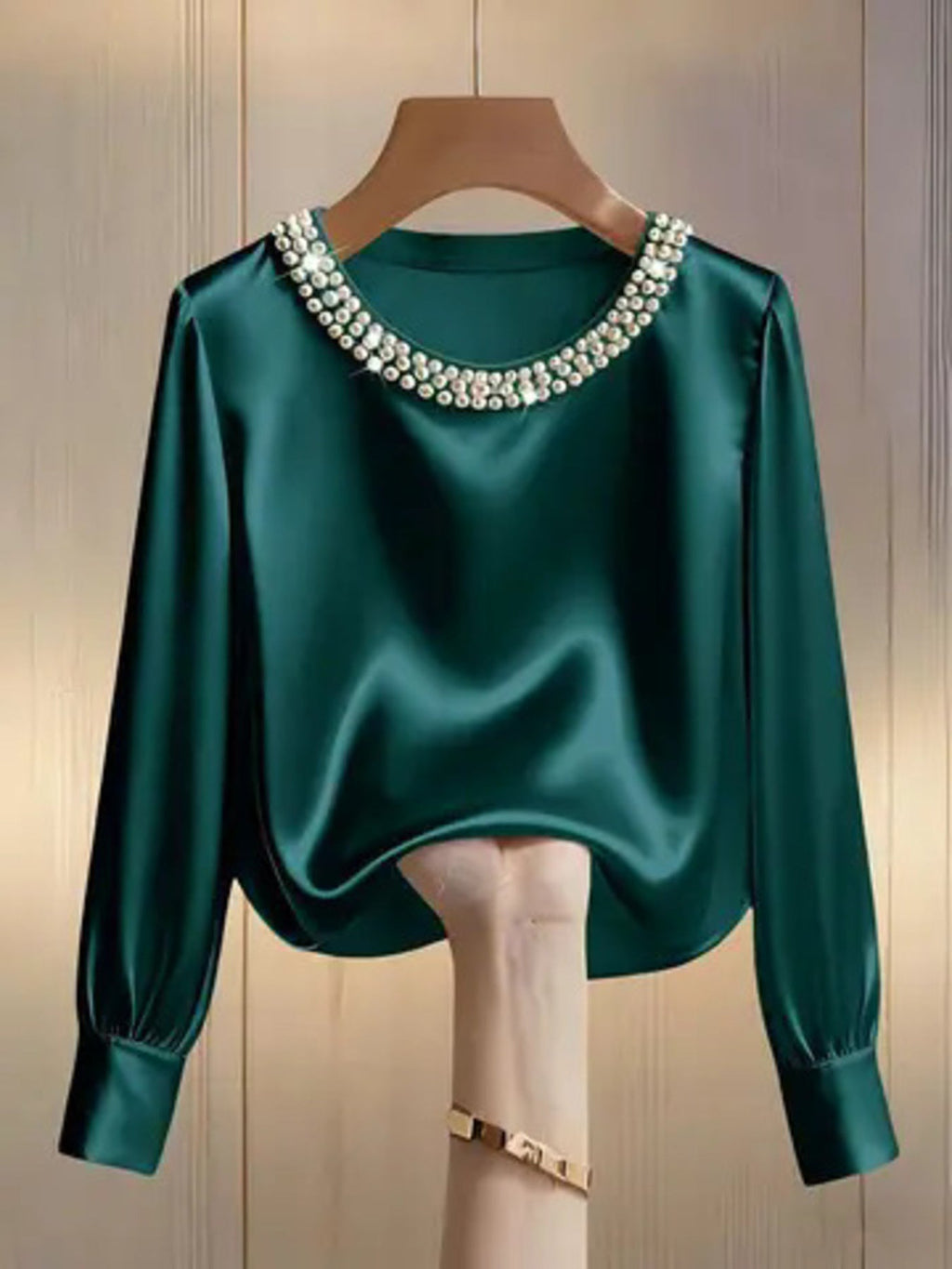 Pearl Trim Round Neck Silk Blouse