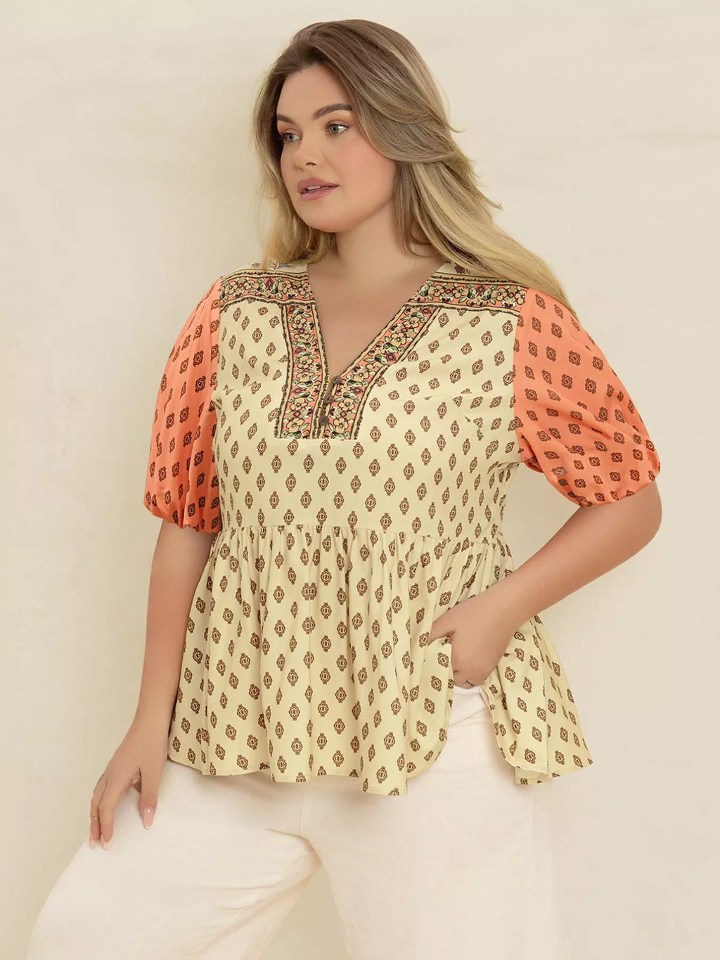 Plus Size Printed Short Sleeve Peplum Blouse