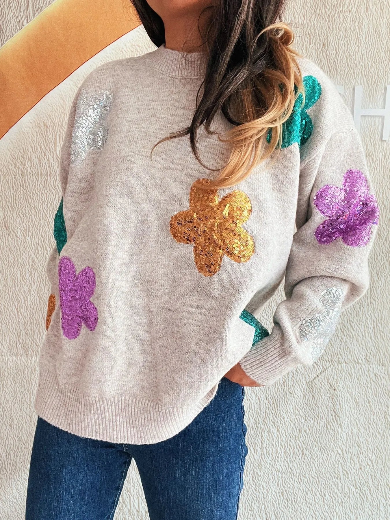 Sequin Flower Round Neck Long Sleeve Sweater
