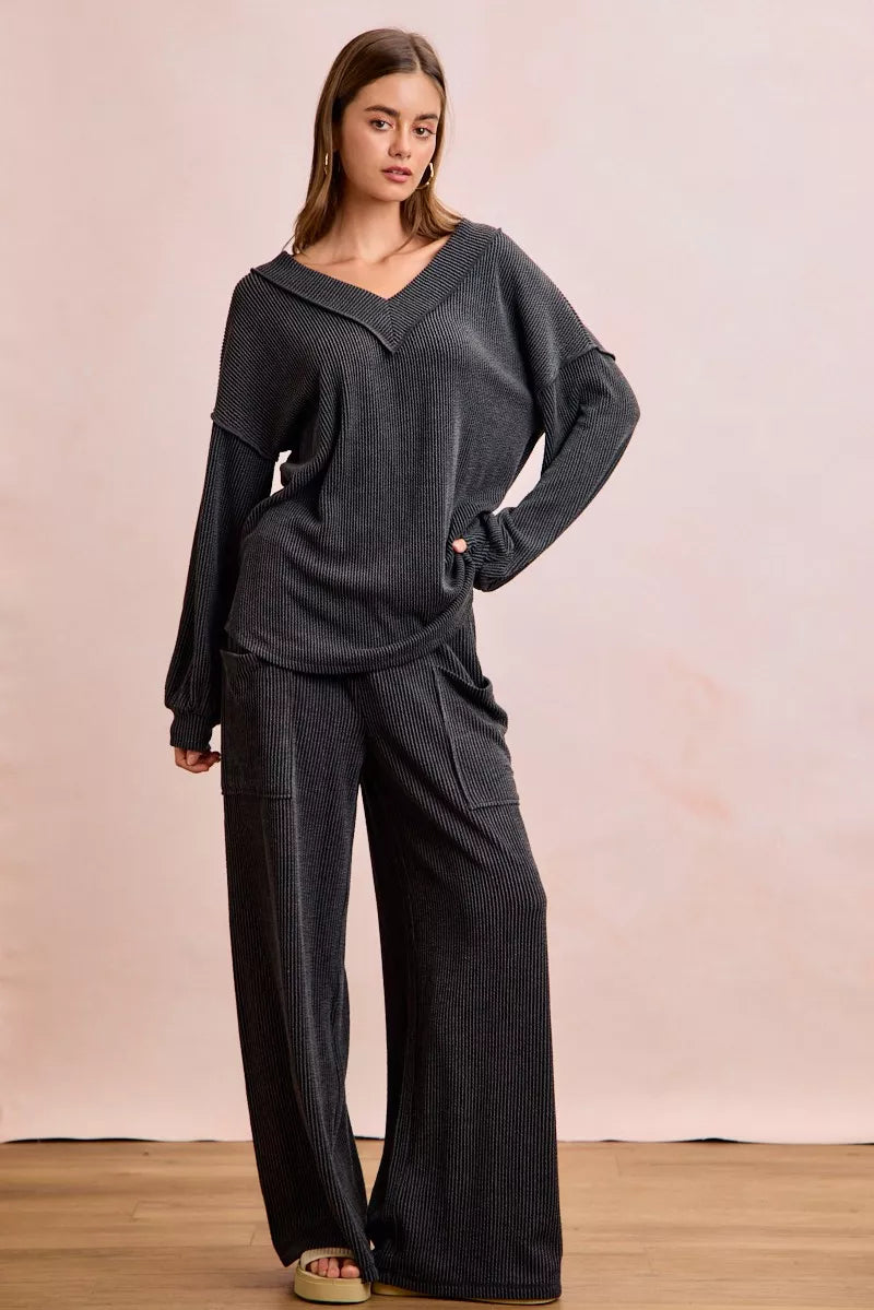 BiBi Two Tone Cord Rib Contrast Stitching V-Neck Top and Pants Set
