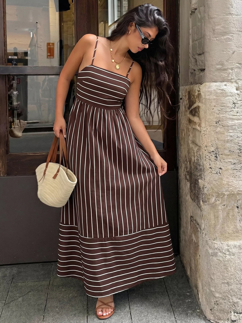 Striped Print Spaghetti Strap Maxi Dress