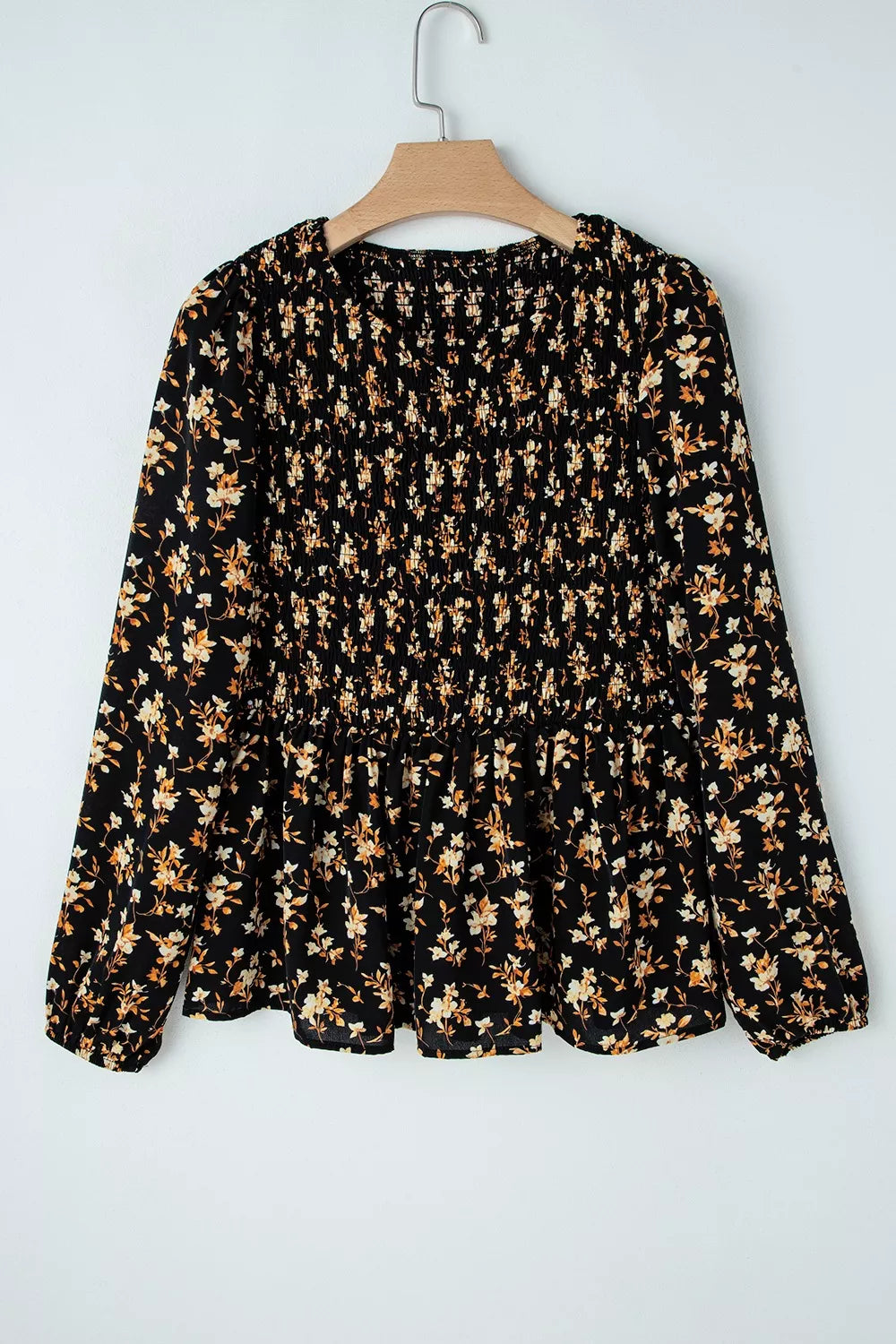 Floral Print Smocked Waist Long Sleeve Blouse