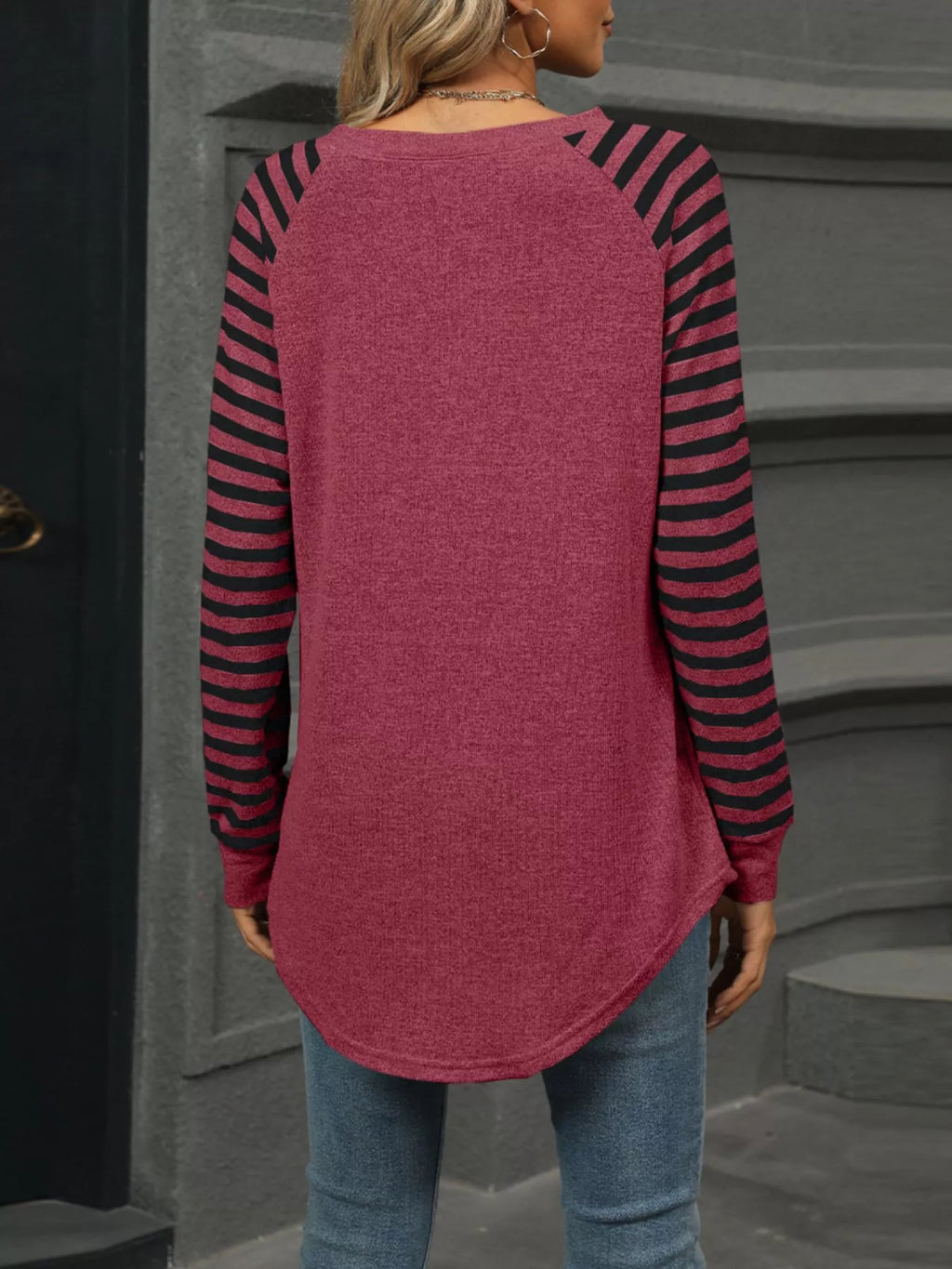 Striped Round Neck Raglan Sleeve T-Shirt