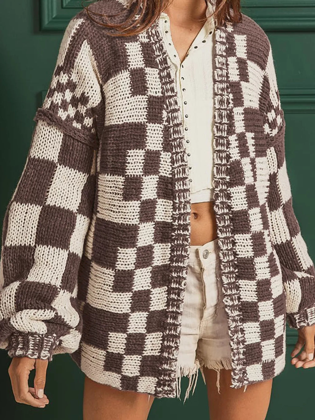 Checkerboard Pattern Sweater Cardigan