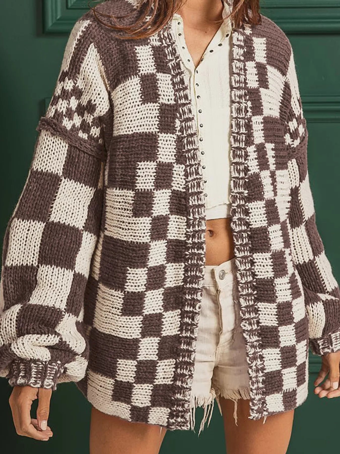 Checkerboard Pattern Sweater Cardigan