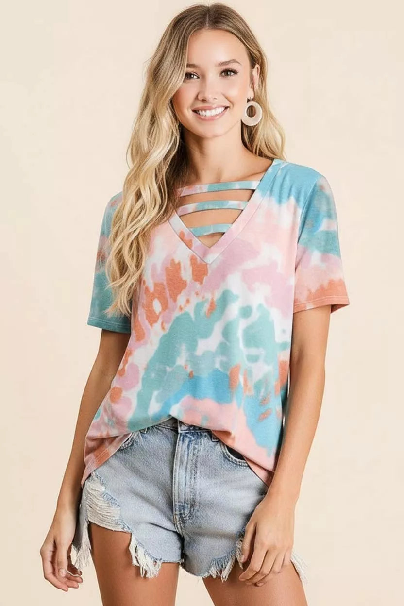 BiBi Tie-Dye V-Neck Cutout Short Sleeve T-Shirt