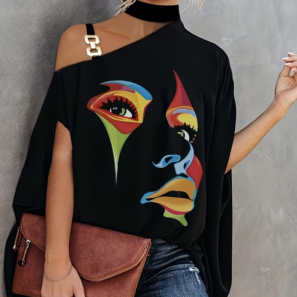 Women’s One-Shoulder Printed T-Shirt