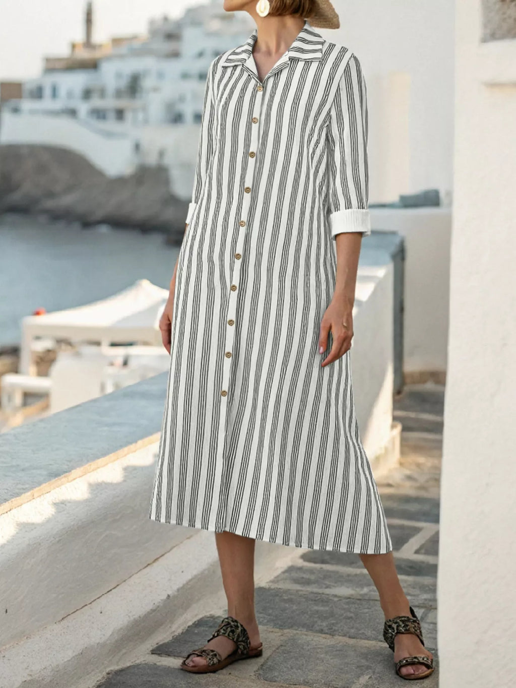 Plus Size Striped Button Front Midi Dress
