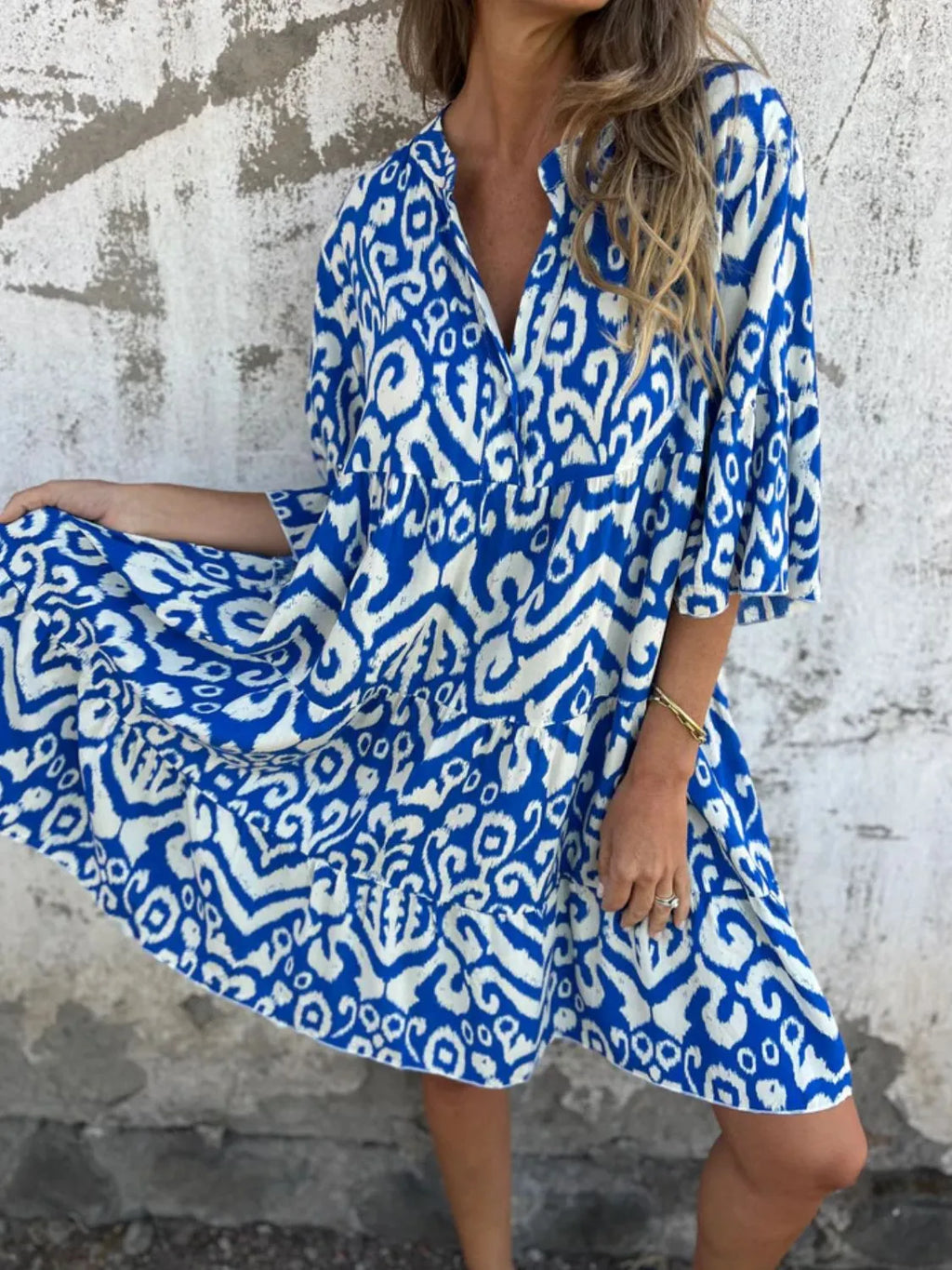 Full Size Printed Notched Half Sleeve Dress Plus Size