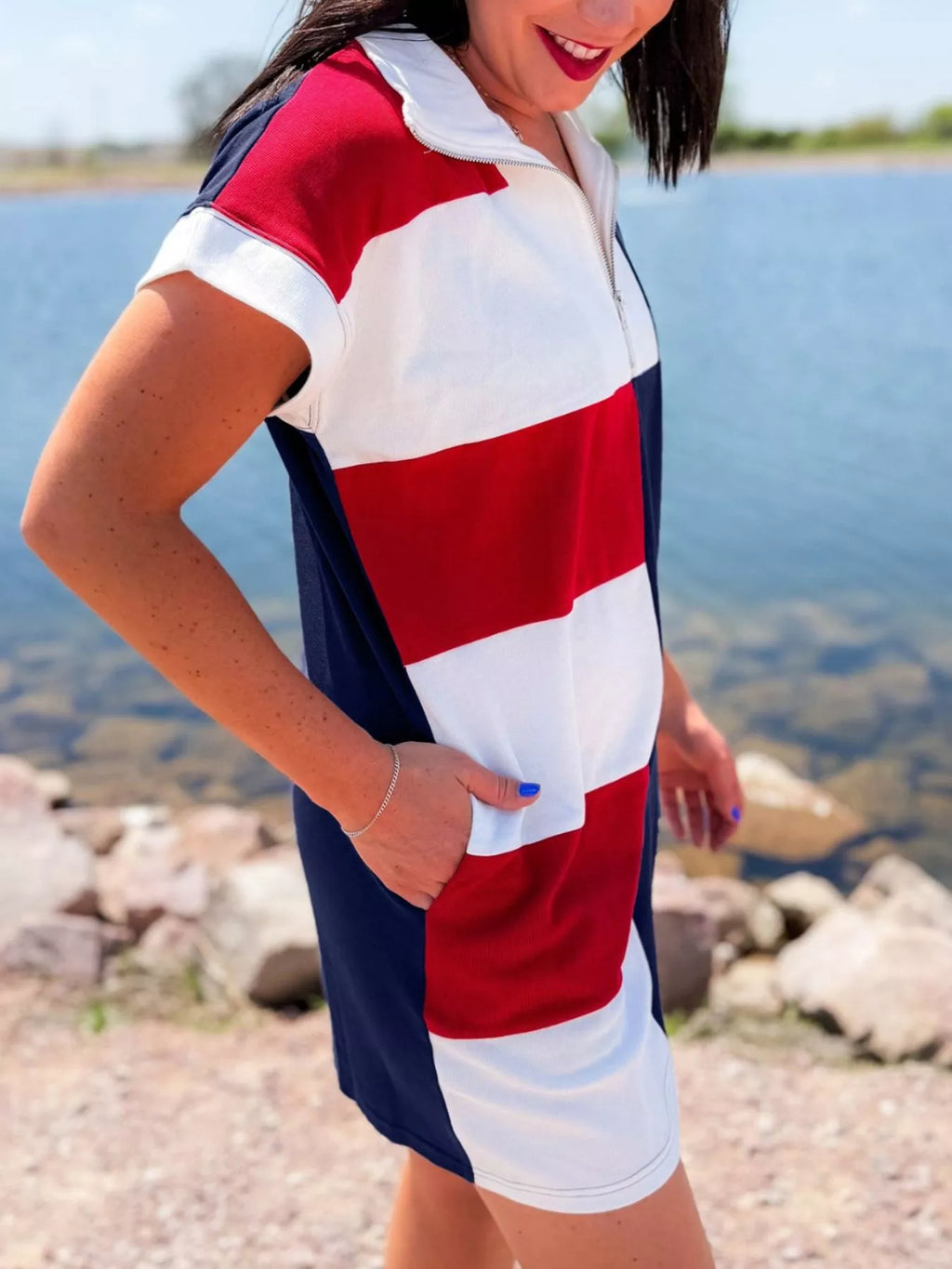 Americana Colorblock Stripes Zip up Collared T Shirt Mini Dress