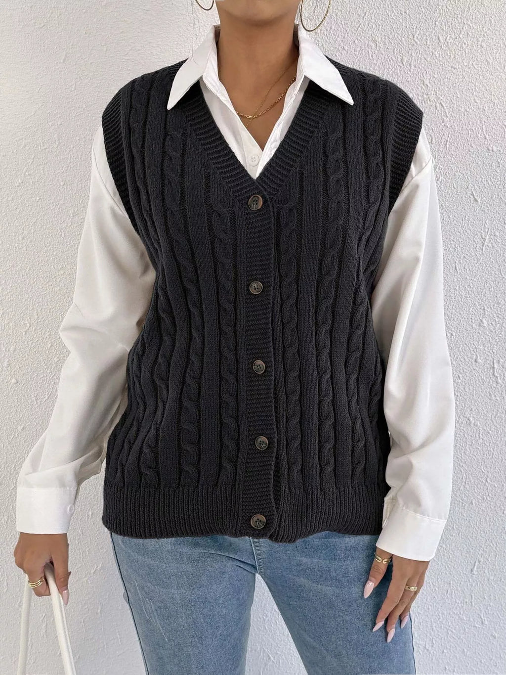 Cable-Knit Button-Up Sweater Vest