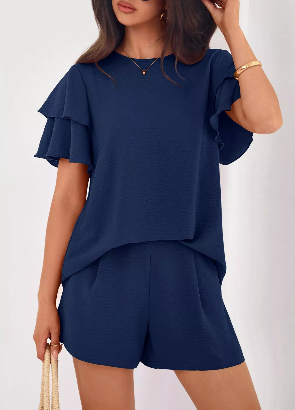 Ruffle Sleeve Top and Shorts Two-Piece Set