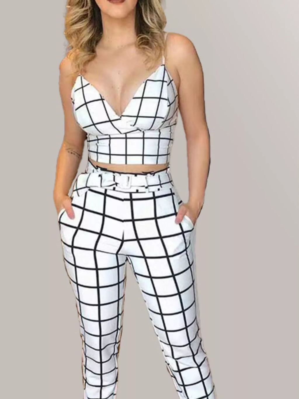 Grid Print Crop Top and Pants Set