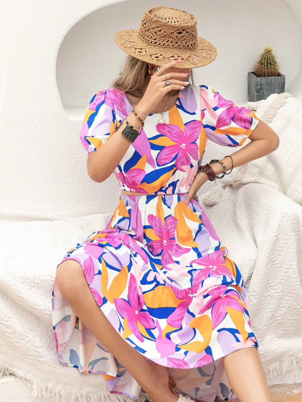 Printed Round Neck Top and Skirt Set