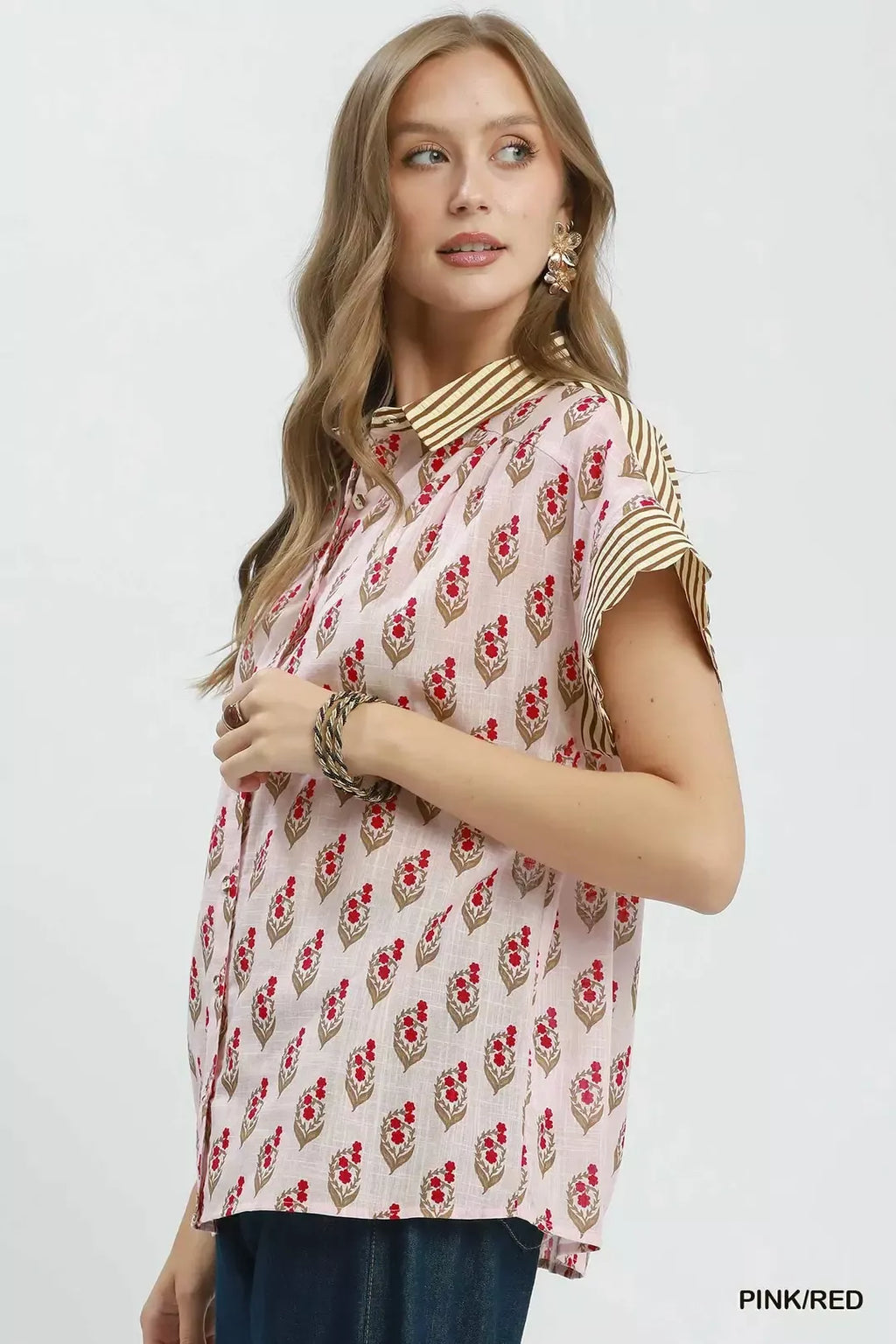 Umgee Block Print Button-Front Shirt with Contrast Stripe Point Collar
