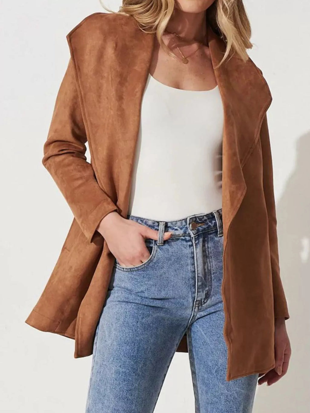 Suede Tie Waist Long Sleeve Outerwear