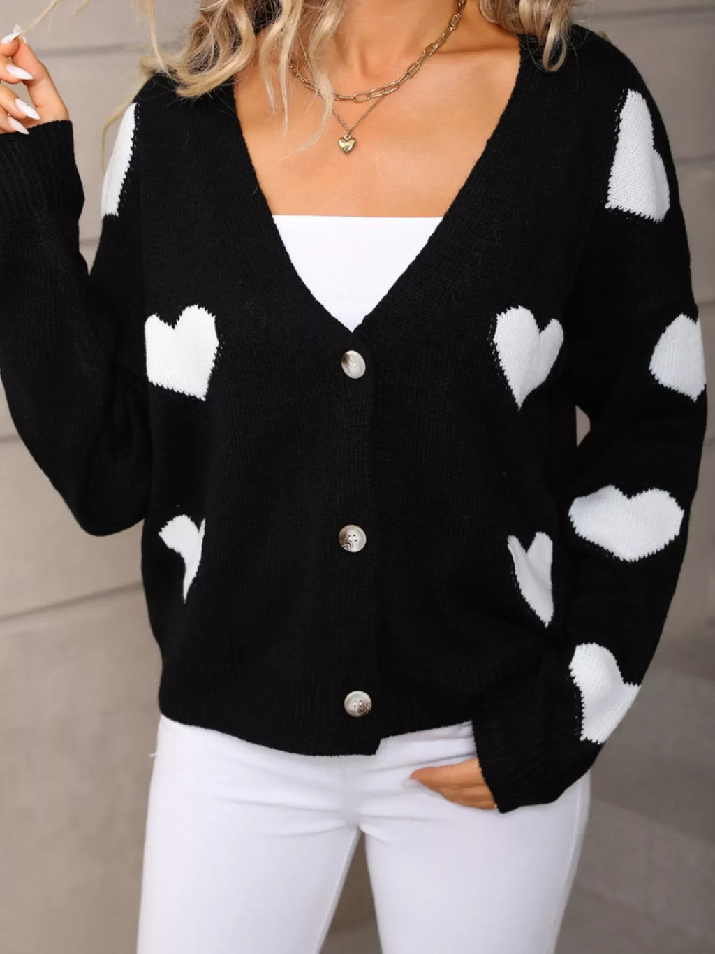 Valentine's Day Heart Pattern Button-Up Knit Cardigan