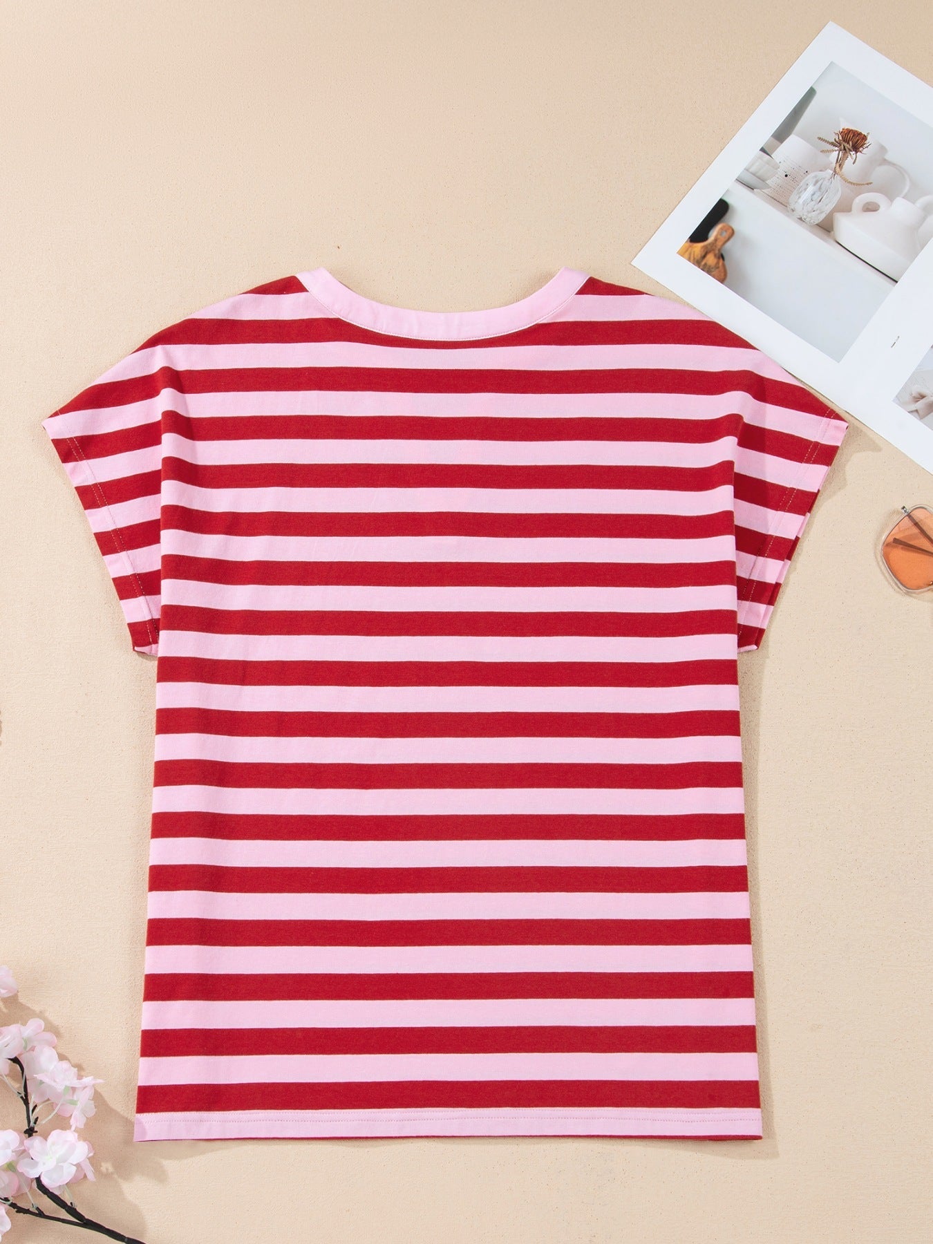 Stripe Split V Neck Casual T Shirt