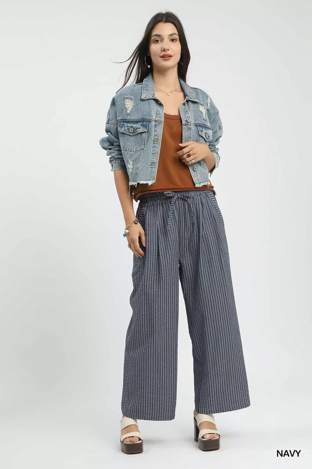 Umgee Drawstring Striped Wide-Leg Pants