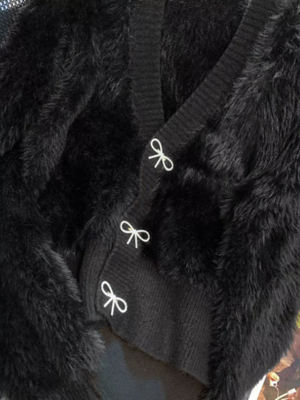 Fuzzy Bow Button Up Cardigan