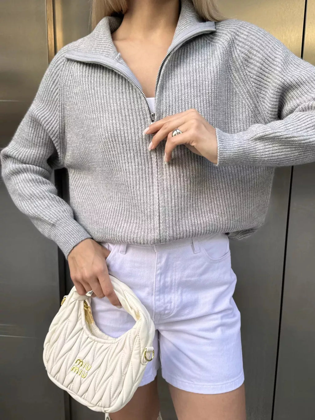 Zip-Up Ribbed Knit Cardigan