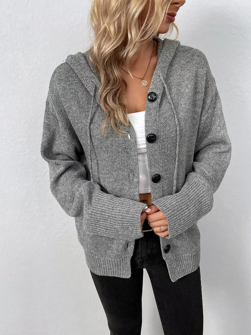 Full Size Cozy Knit Hooded Button-Down Cardigan Plus Size