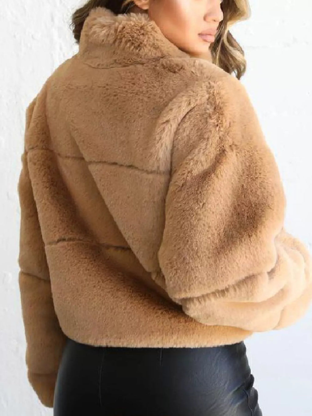 Full Size Faux Fur Cropped Zip-Up Jacket Plus Size
