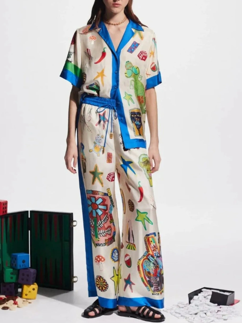 Printed Button Up Shirt and Pants Set