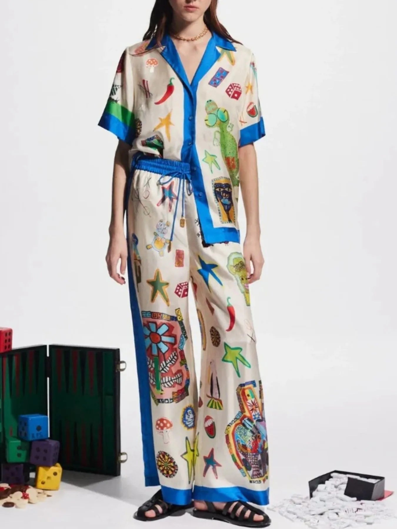 Printed Button Up Shirt and Pants Set