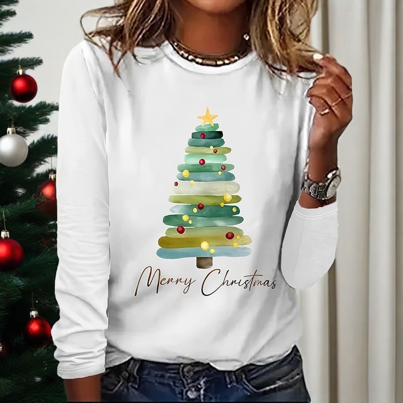 Women’s Long Sleeve Merry Christmas T-Shirt – Cute Christmas Tree Graphic Tee