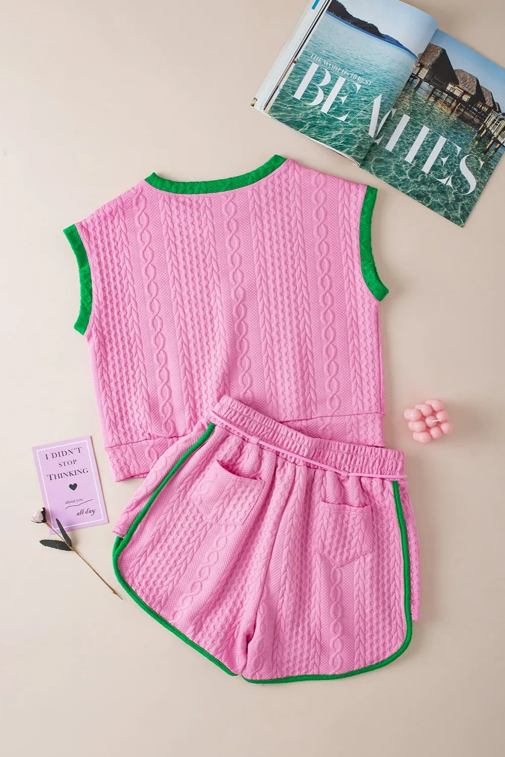 Contrast Trim Round Neck Top and Shorts Set