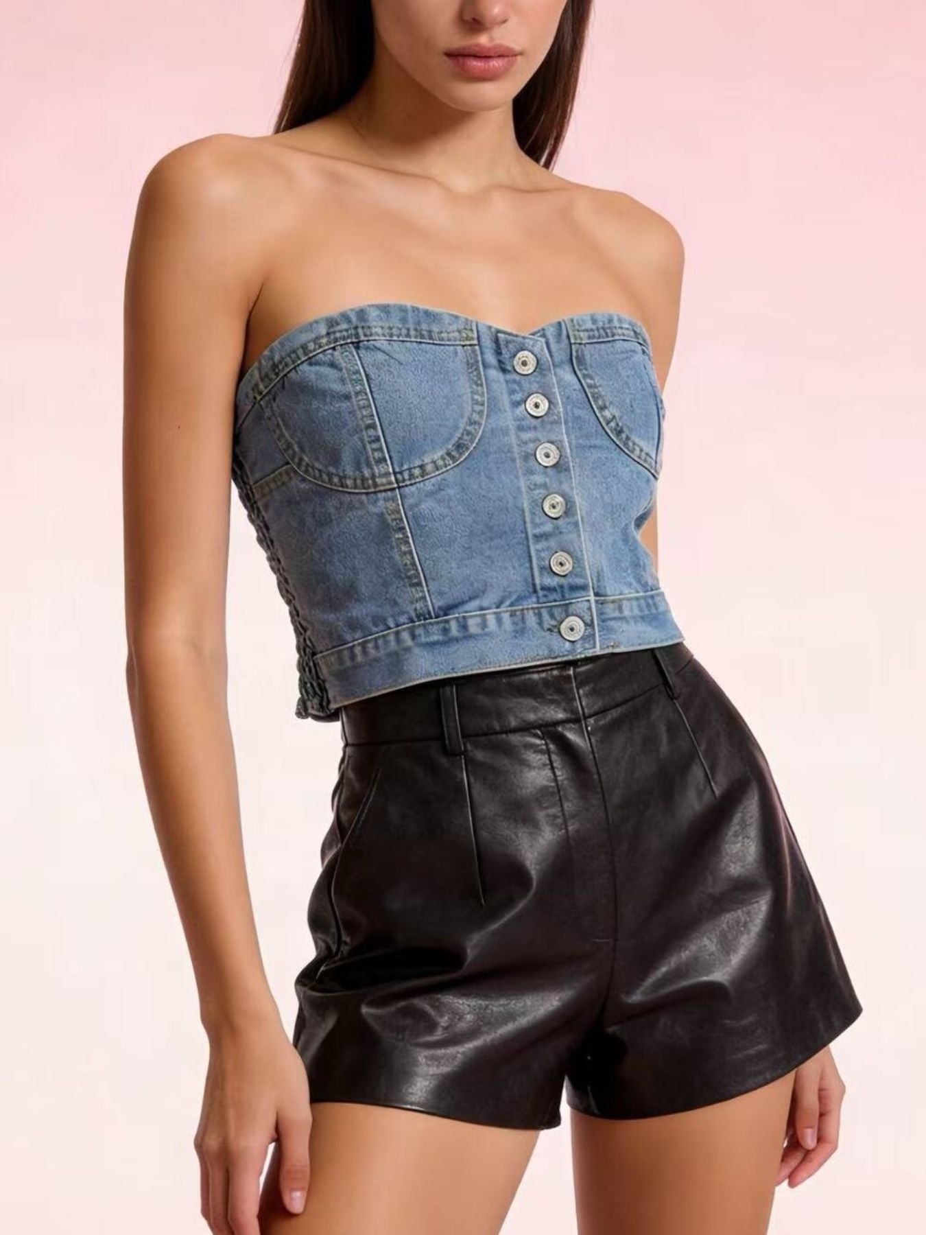 Button-Front Denim Tube Top