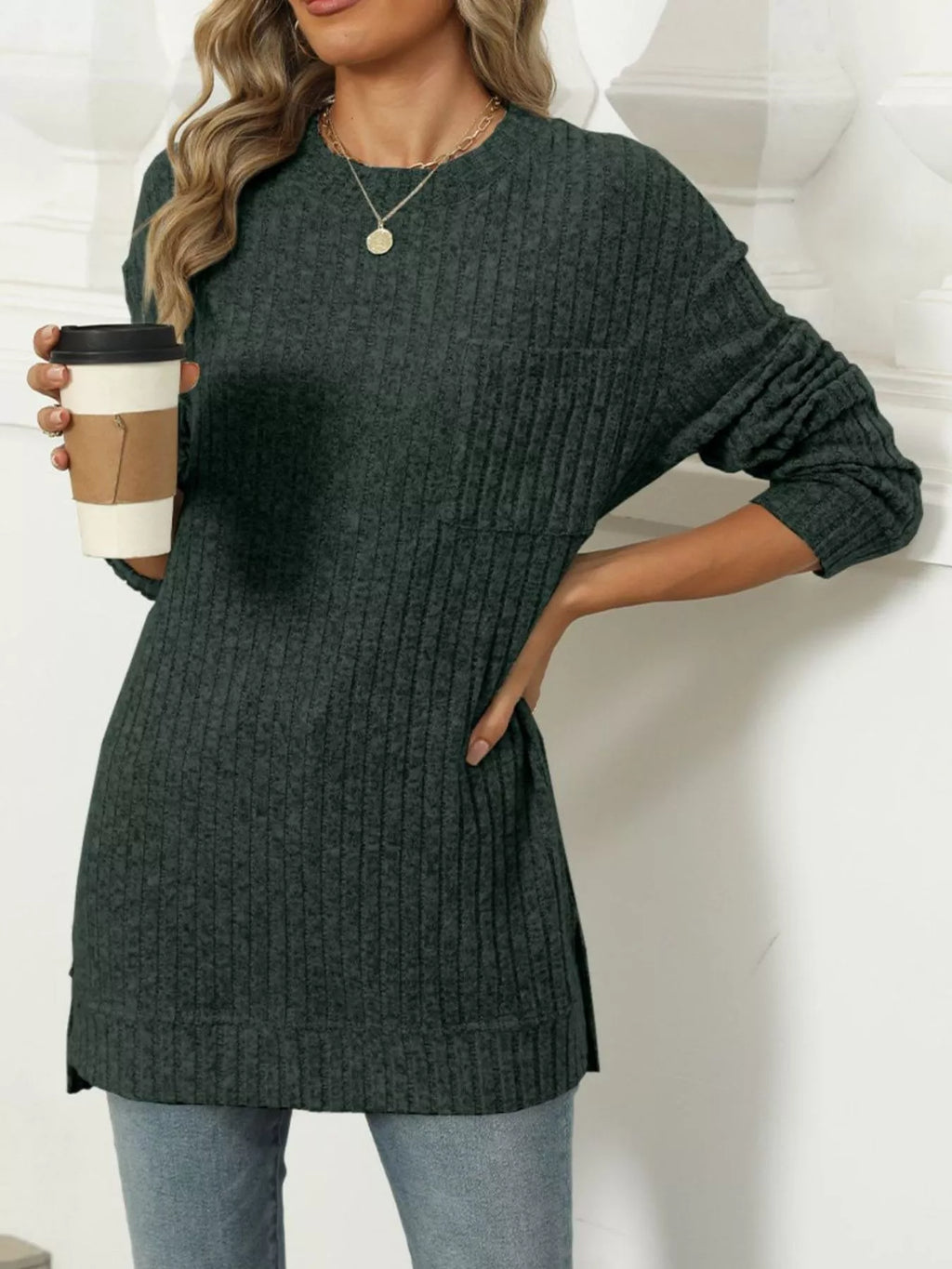 Ribbed Knit Round Neck Sweater