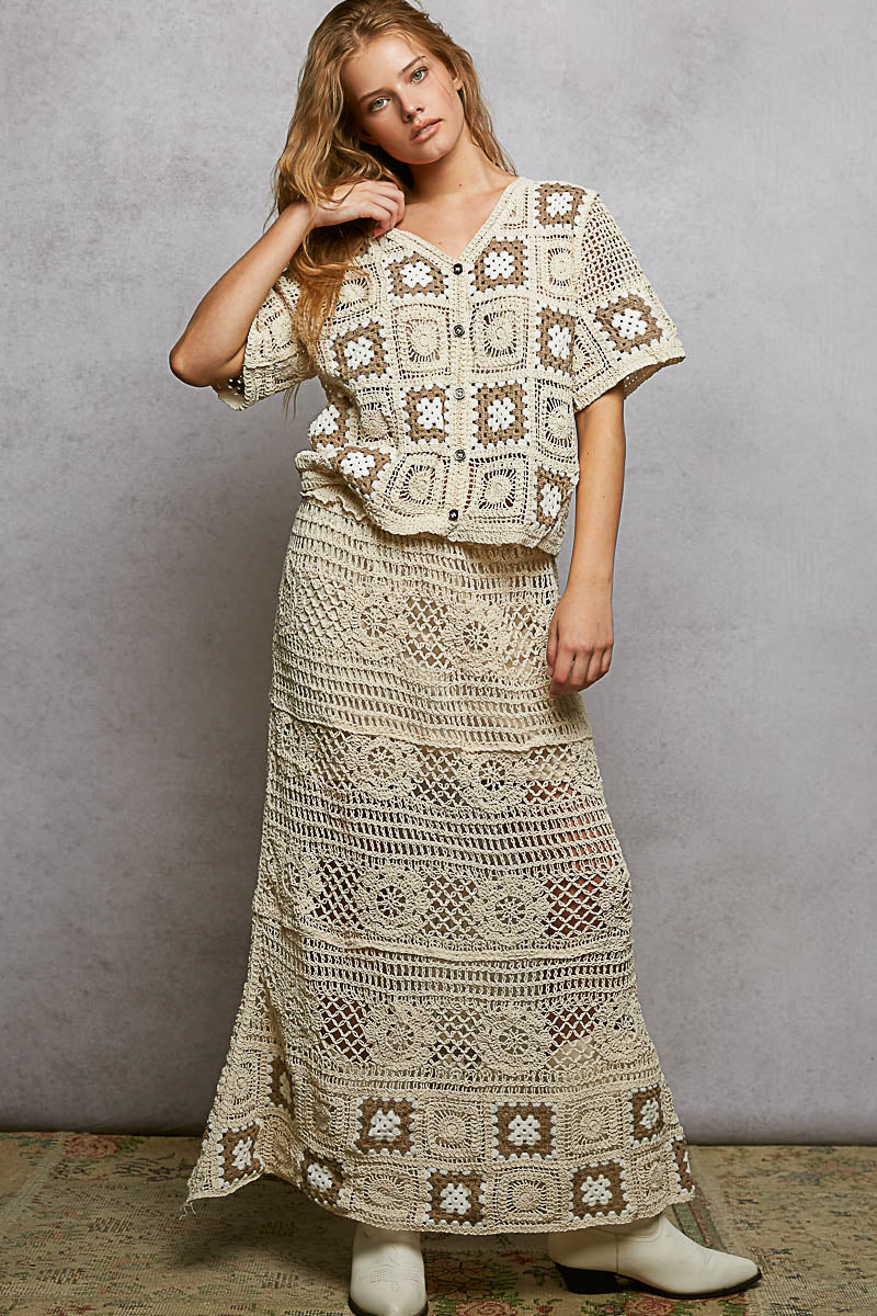 POL Floral Crochet Ruffled Waistband Maxi Skirt with Granny Square Weave