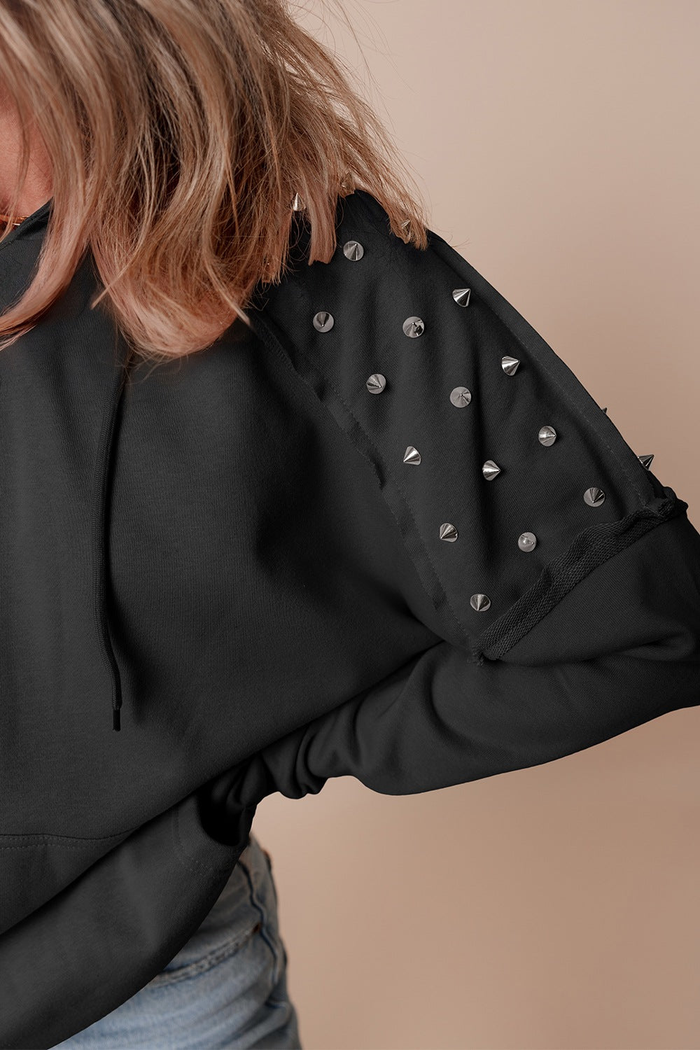 Drawstring Studded Long Sleeve Hoodie