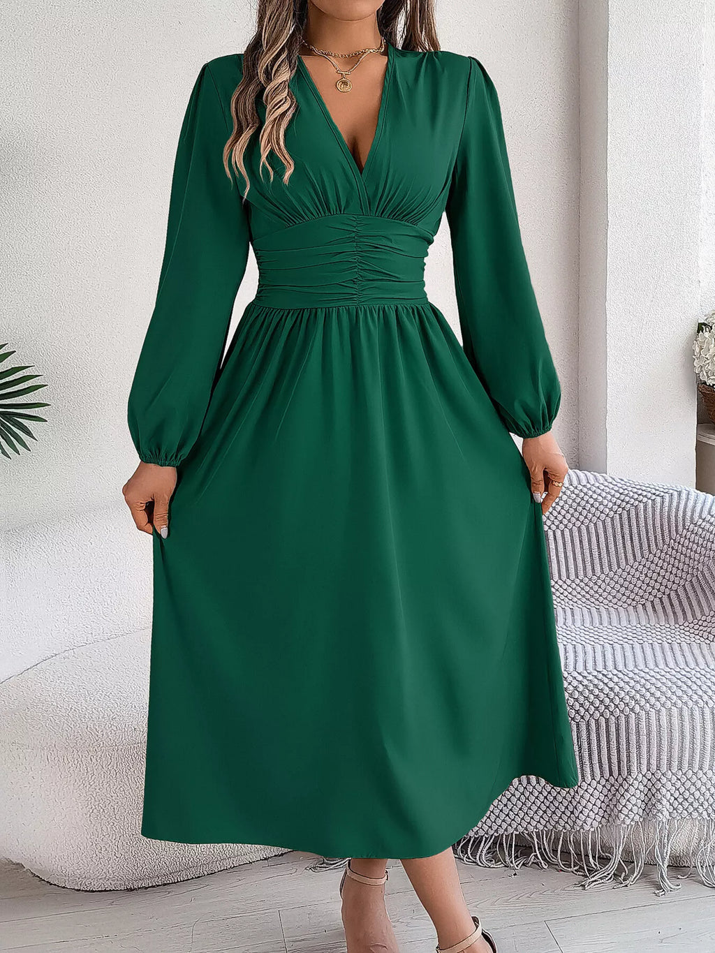 Slit Balloon Sleeve Midi Dress